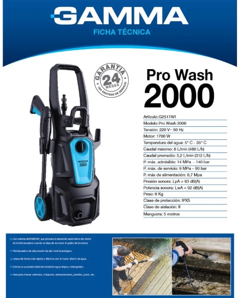 HIDROLAVADORA GAMMA G2517 PRO WASH 2000 140 BAR 1700W