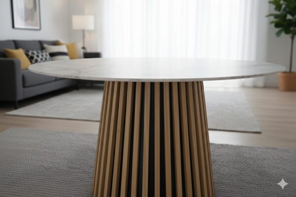 MESA DECOTOTALE DT-55 FLOW REDONDA TAPA BLANCA CON VETAS GRISES 1,20